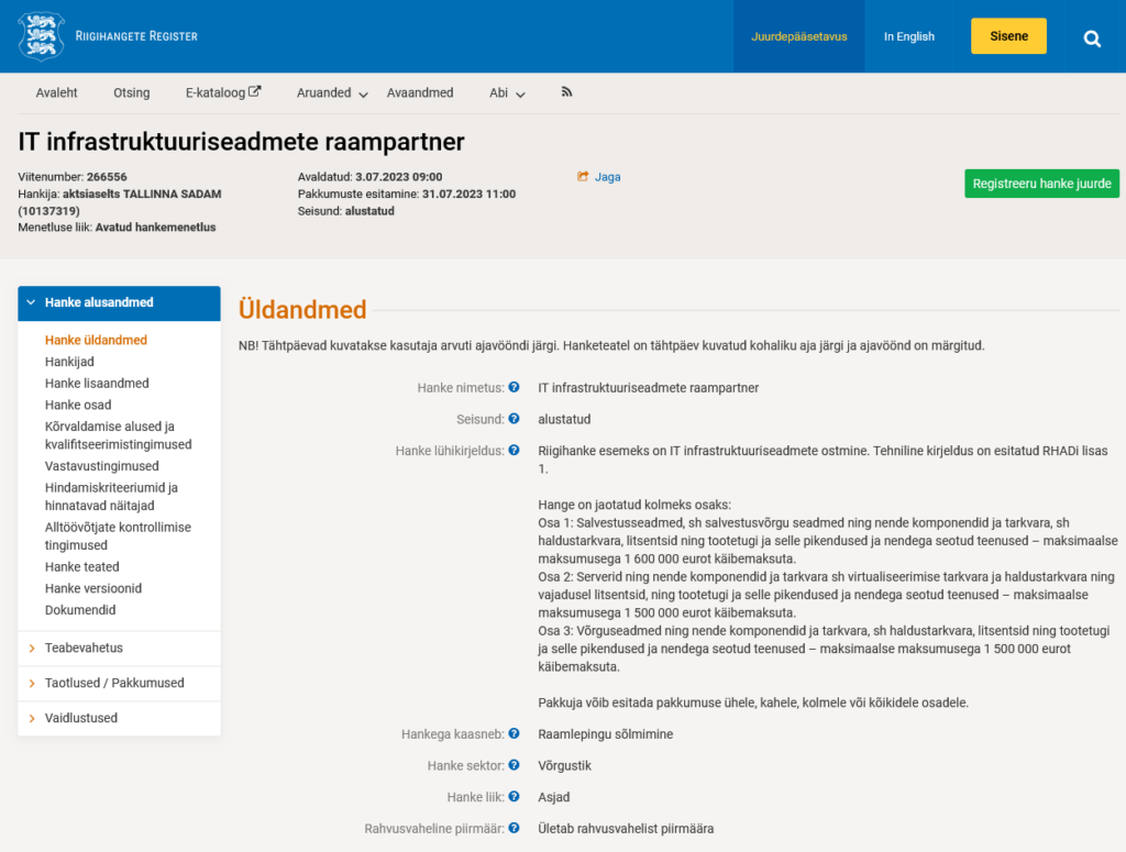 Screenhot des estnischen Online-Portal für öffentliche Vergaben, der den Bekanntmachungstext einer bestimmten IT Ausschreibung im neuen eForms Format zeigt.