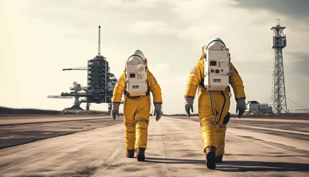Beitragsbild für Blogbeitrag, zeigt zwei nicht wiederzuerkennende Astronauten in gelben Raumanzügen die zum Space Shuttle auf der Startrampe gehen, das zum Abheben bereit ist