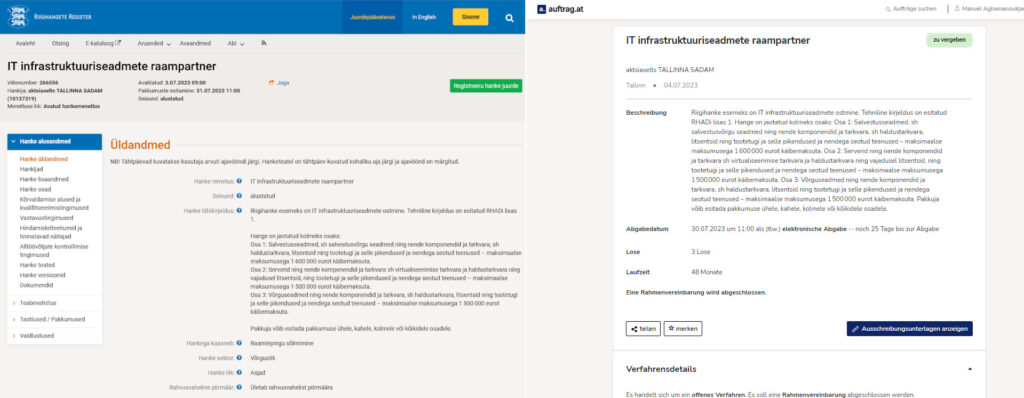 Zwei Screenshots nebeneinander, linker Screenshot zeigt Veröffentlichung einer estnischen IT-Ausschreibung im eForms Format, rechter Screenshot diesselbe Ausschreibung in der auftrag.at-Suche