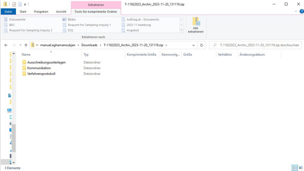 Screenshot showing the contents of the ZIP file that can be downloaded as an archive of auftrag.at-Direktvergabe.