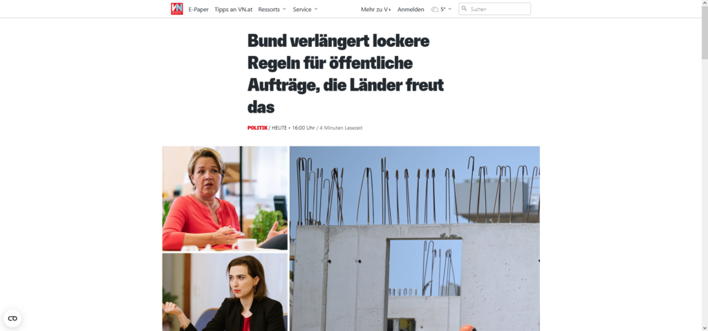 Screenshot eines Artikels der Vorarlberger Nachrichten mit dem Titel "Bund verlängert lockere Regeln für öffentliche Aufträge, die Länder freut das."