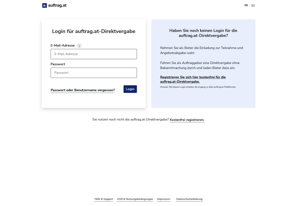 Screenshot showing a login screen for auftrag.at-Direktvergabe.