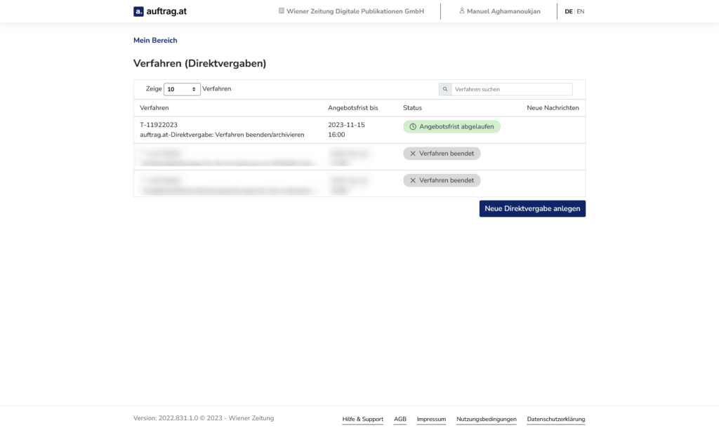 Screenshot of auftrag.at-Direktvergabe showing an overview 'My Area' of three procurement procedures.