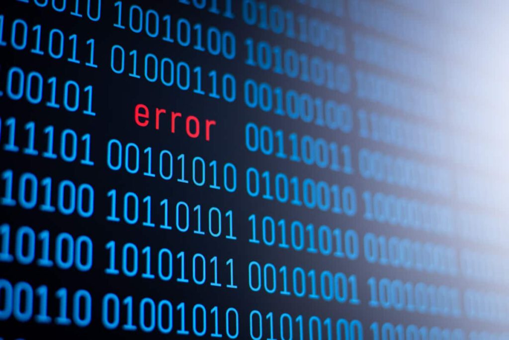Digitale Anzeige mit Binärcode im Hintergrund, wobei das Wort 'error' in roter Farbe hervorgehoben wird, um einen Fehler oder ein Problem zu symbolisieren.