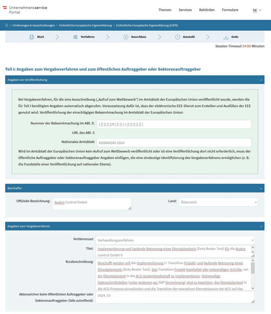 Screenshot der Webseite des Unternehmensserviceportals, der den Bereich zur Einheitlichen Europäischen Eigenerklärung (EEE) für Vergabeverfahren zeigt, inklusive Formularfelder für die Bekanntmachungsnummer und Angaben zu einem öffentlichen Auftraggeber aus Österreich.