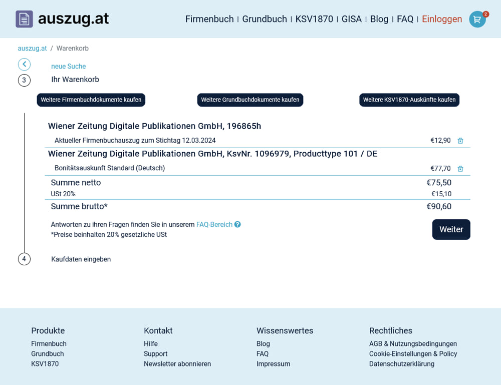 Screenshot der Checkout-Seite von auszug.at mit einem Warenkorb, der Dokumente wie einen aktuellen Firmenbuchauszug und eine Bonitätsauskunft für die Wiener Zeitung Digitale Publikationen GmbH listet, inklusive Preise und Mehrwertsteuer.