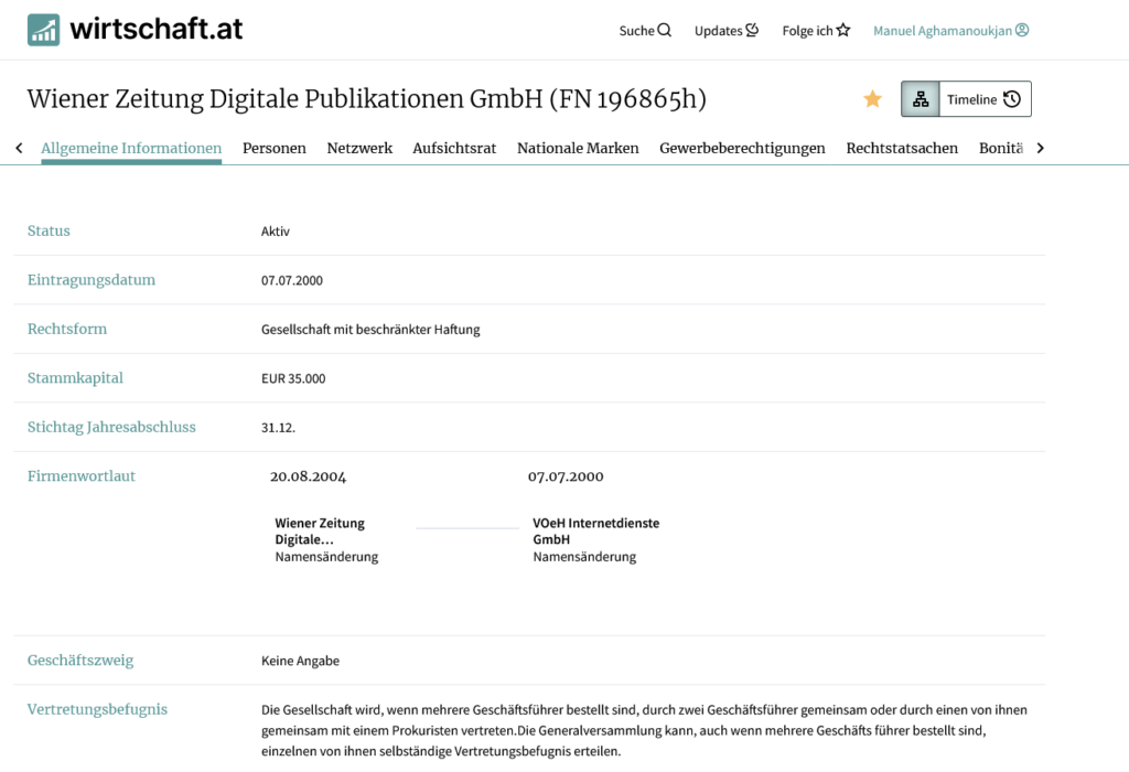 Ein Screenshot von wirtschaft.at zeigt das Firmenprofil der Wiener Zeitung Digitale Publikationen GmbH, inklusive Status, Eintragungsdatum, Rechtsform, Stammkapital und weitere Unternehmensdetails.