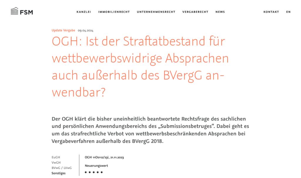 FSM Blog Header mit dem Titel 'OGH: Ist der Straftatbestand für wettbewerbswidrige Absprachen auch außerhalb des BVergG anwendbar?' Veröffentlichungsdatum 09.04.2024.