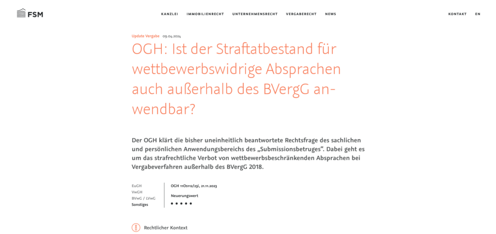 FSM Blog Header mit dem Titel 'OGH: Ist der Straftatbestand für wettbewerbswidrige Absprachen auch außerhalb des BVergG anwendbar?' Veröffentlichungsdatum 09.04.2024.