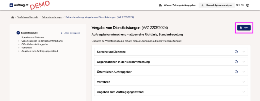 Screenshot der auftrag.at-Vergabe--Demo, zeigt eine Auftragsbekanntmachung für die Vergabe von Dienstleistungen. Ein Download-Button für PDF-Dateien ist oben rechts hervorgehoben.