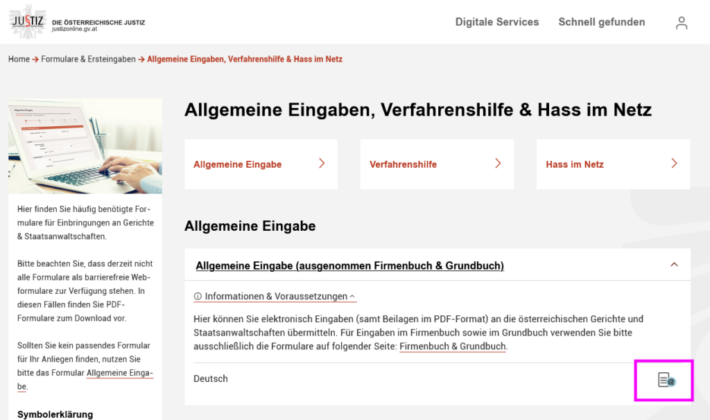 ebseite der österreichischen Justiz mit Formularen für allgemeine Eingaben, Verfahrenshilfe und Hass im Netz, mit Text und Symbolen für Formulare